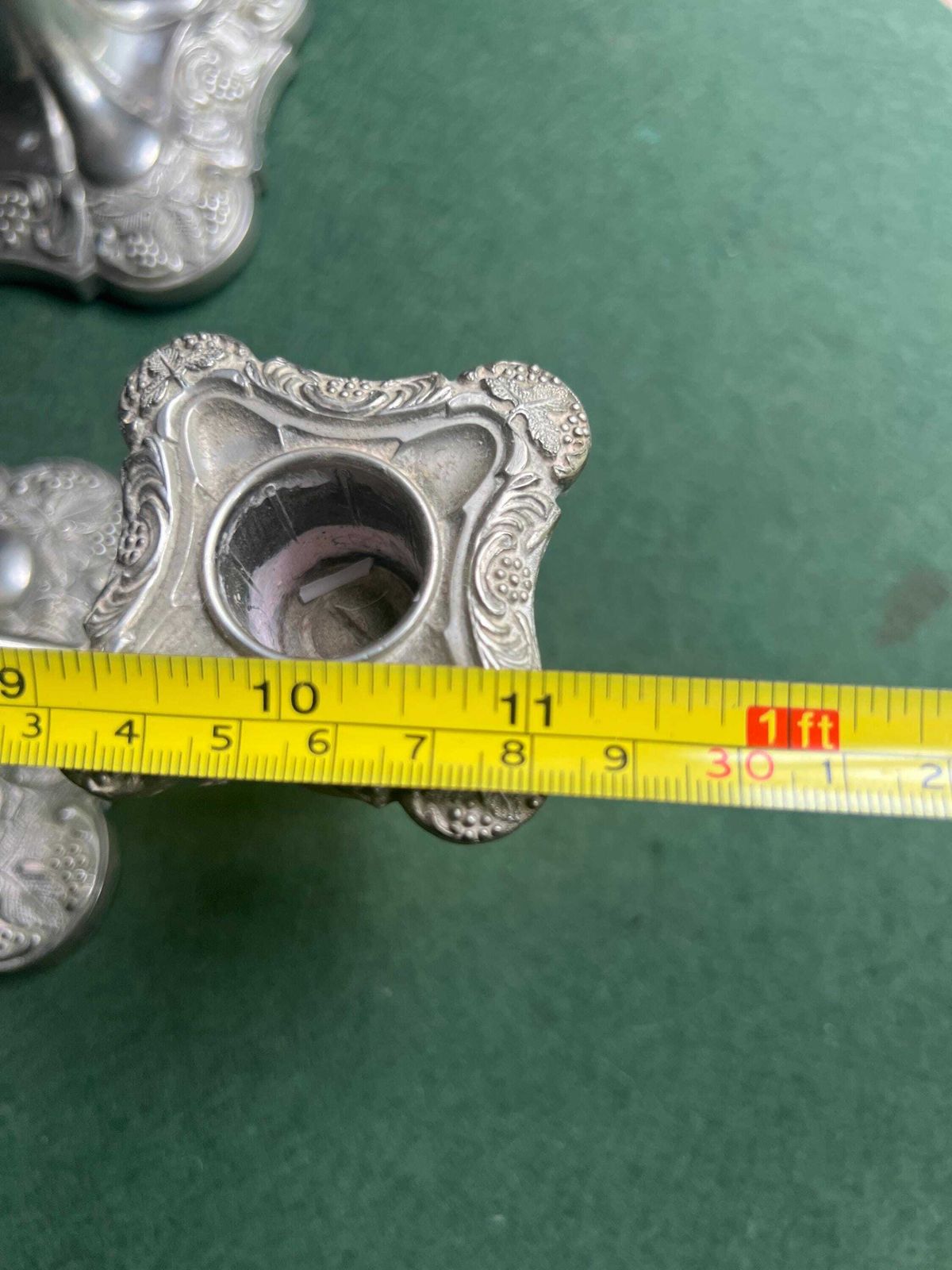 photo furniture Pair Of Vintage Antique Candlestick Holders. Grape And Vine Pattern Silver Plated 3 Arm Candle Holders. Mismatched Heights.