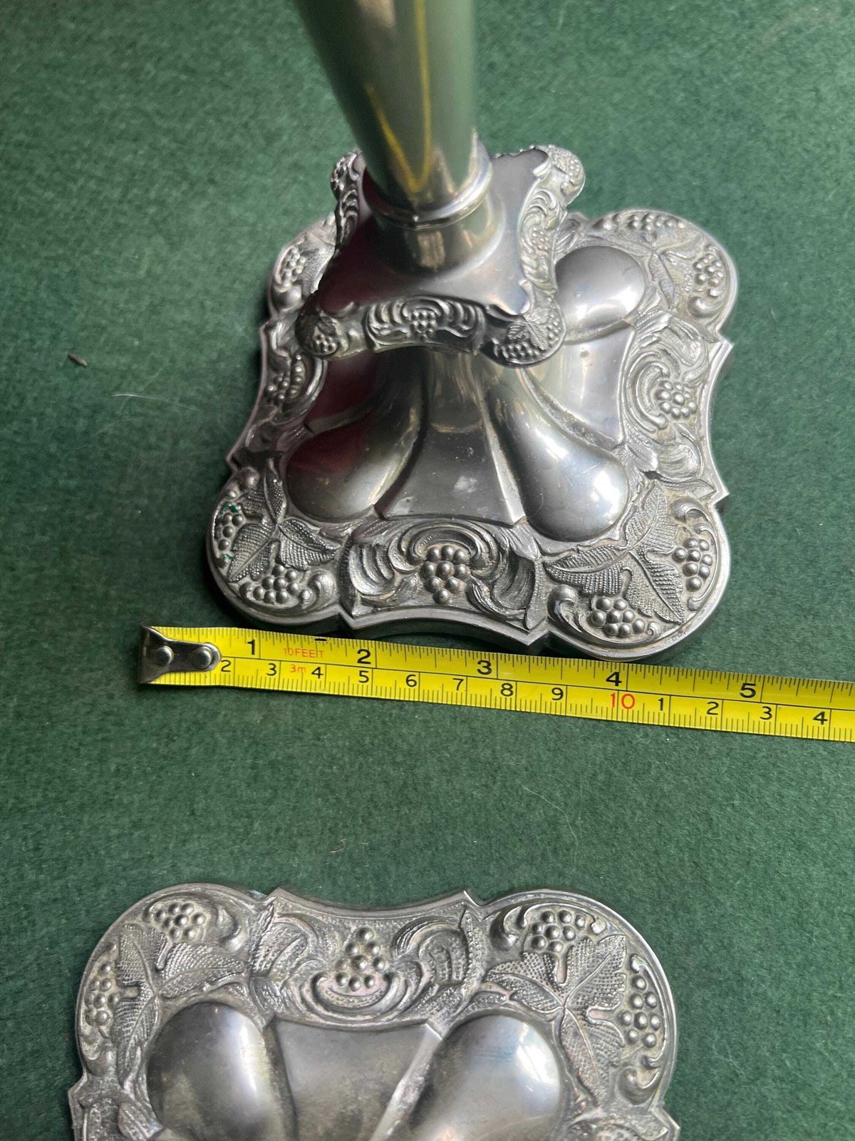 Home Decor Pair Of Vintage Antique Candlestick Holders. Grape And Vine Pattern Silver Plated 3 Arm Candle Holders. Mismatched Heights. photo