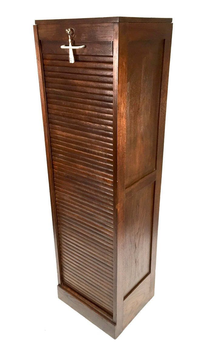 Antique 1950s Wooden Oak Tambour Fronted Office Paper Filing Cabinet With Key