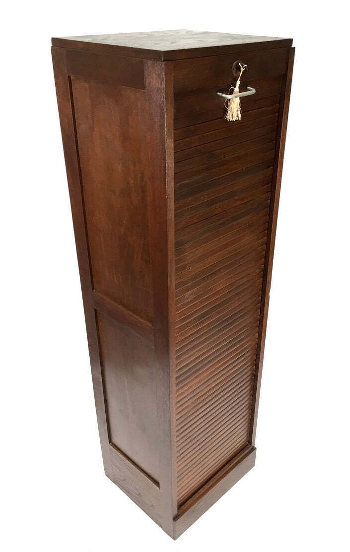Antique 1950s Wooden Oak Tambour Fronted Office Paper Filing Cabinet With Key photo furniture