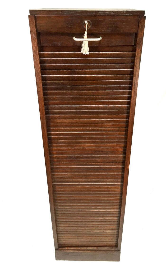 Antique 1950s Wooden Oak Tambour Fronted Office Paper Filing Cabinet With Key photo for sale