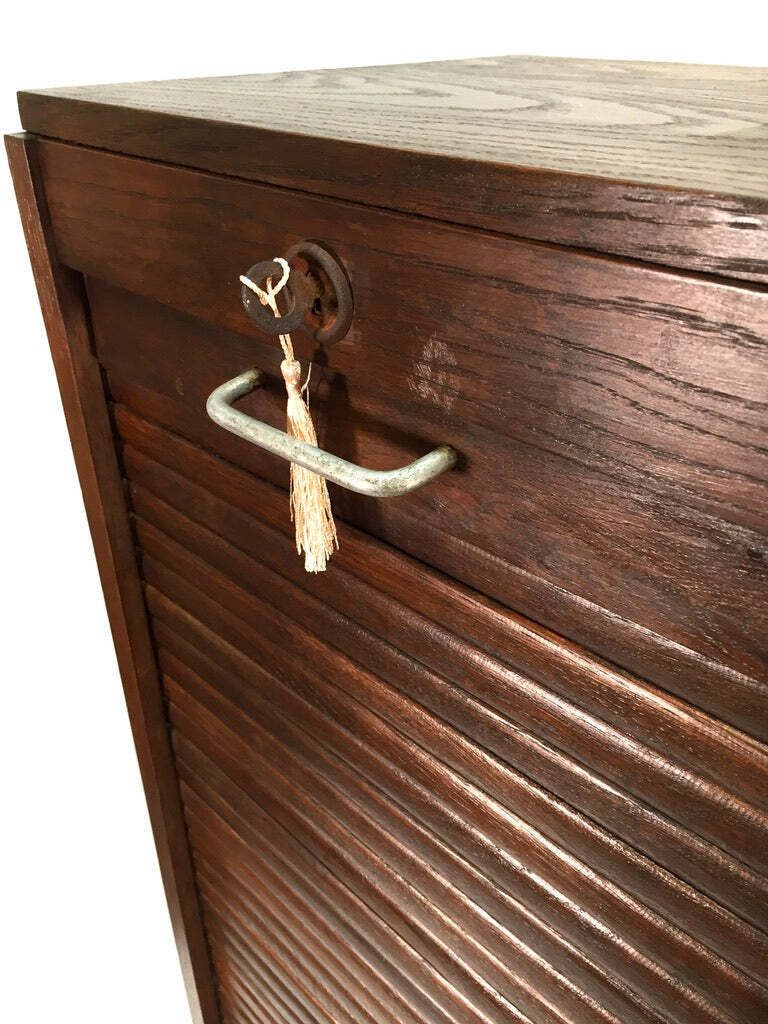 Antique 1950s Wooden Oak Tambour Fronted Office Paper Filing Cabinet With Key photo buy