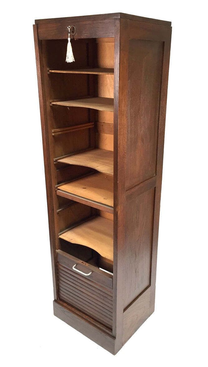 photo furniture Antique 1950s Wooden Oak Tambour Fronted Office Paper Filing Cabinet With Key