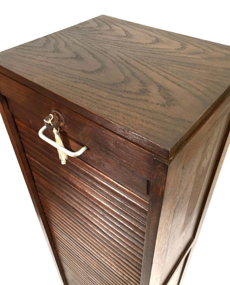 399.0 Antique 1950s Wooden Oak Tambour Fronted Office Paper Filing Cabinet With Key photo