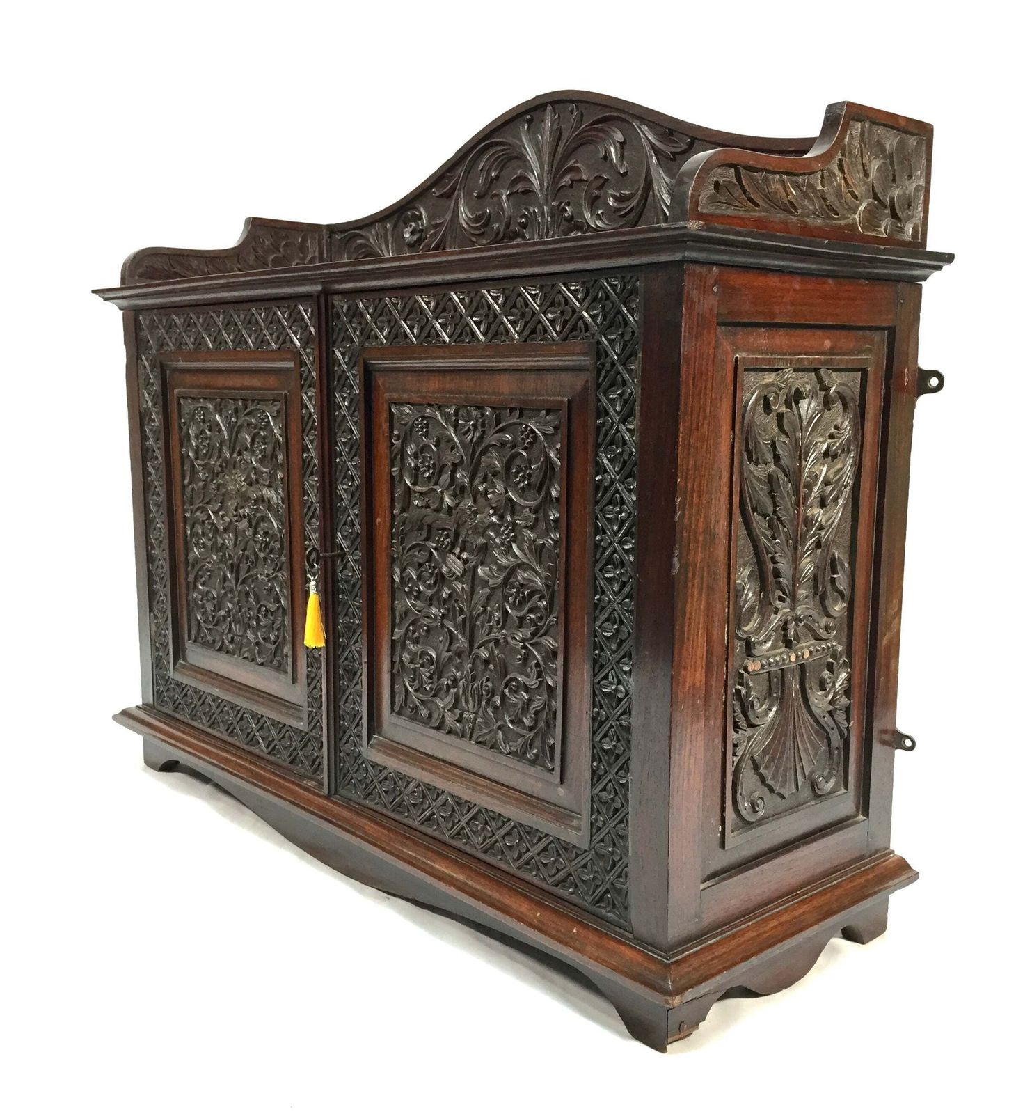 Antique Wooden Ornate Hand Carved Cabinet / Cupboard With Key 19th Century