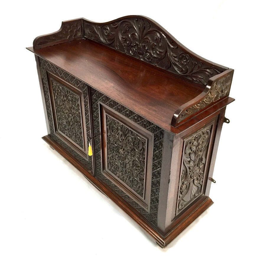 Antique Wooden Ornate Hand Carved Cabinet / Cupboard With Key 19th Century photo for sale