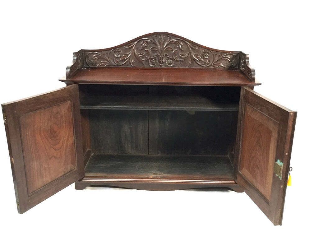 Antique Wooden Ornate Hand Carved Cabinet / Cupboard With Key 19th Century photo vinterior