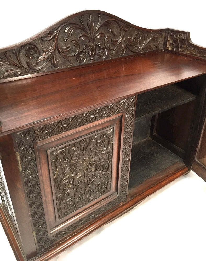 photo for sale Antique Wooden Ornate Hand Carved Cabinet / Cupboard With Key 19th Century