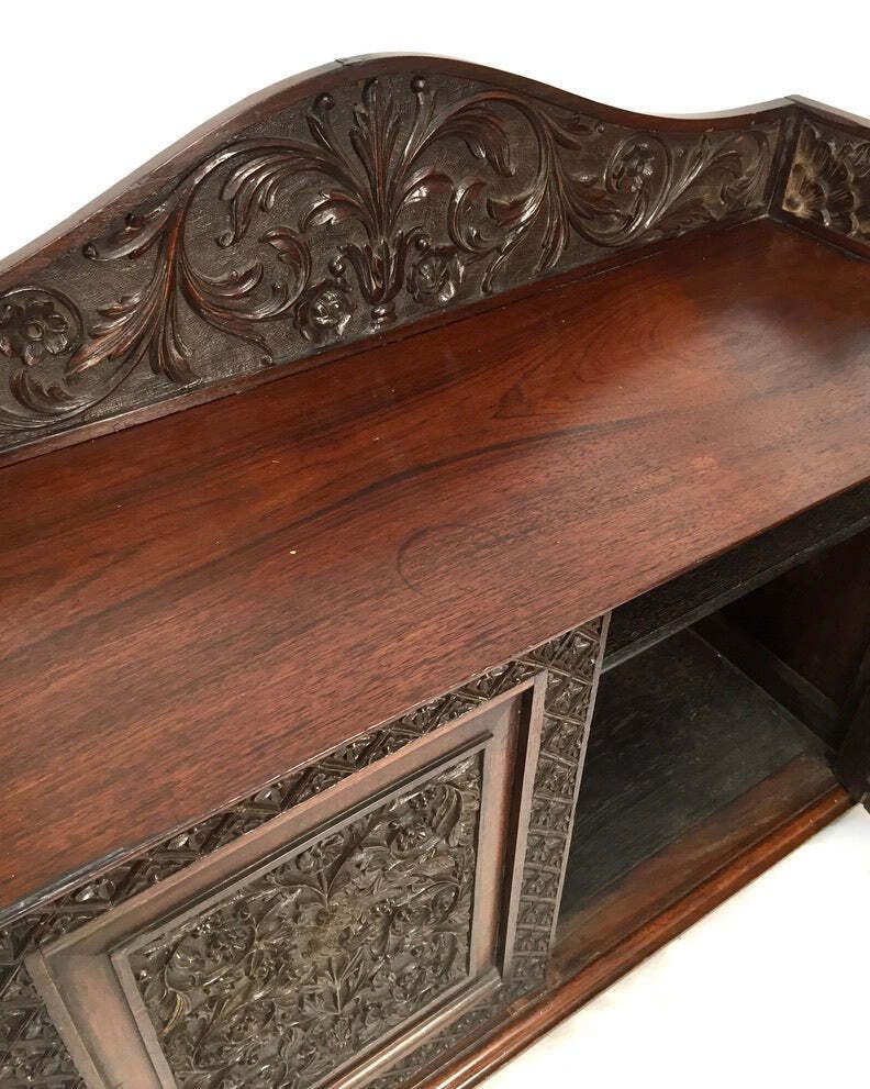 Furniture Antique Wooden Ornate Hand Carved Cabinet / Cupboard With Key 19th Century photo