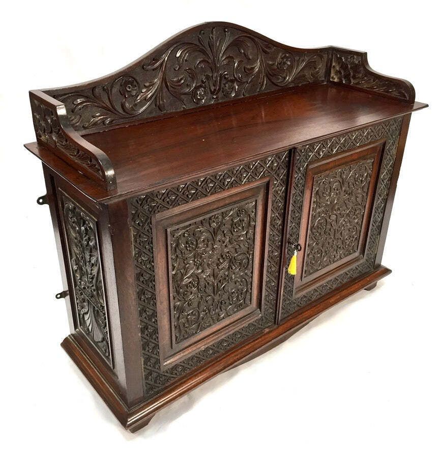photo vinterior Antique Wooden Ornate Hand Carved Cabinet / Cupboard With Key 19th Century