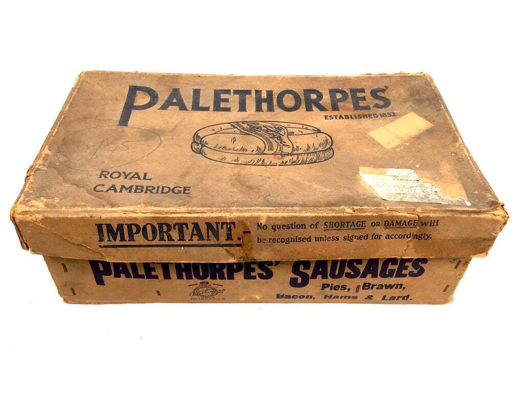 Antique Advertising Palethorpes Royal Cambridge Sausage Box Shop Display Crate photo for sale