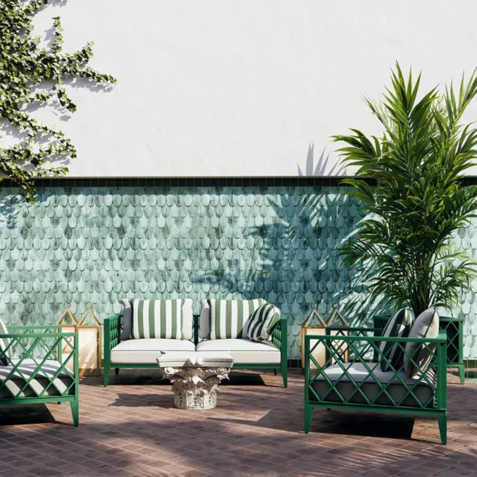 Pair Of Contemporary Outdoor Armchair Green Aluminum With Acrylic Cushions photo furniture