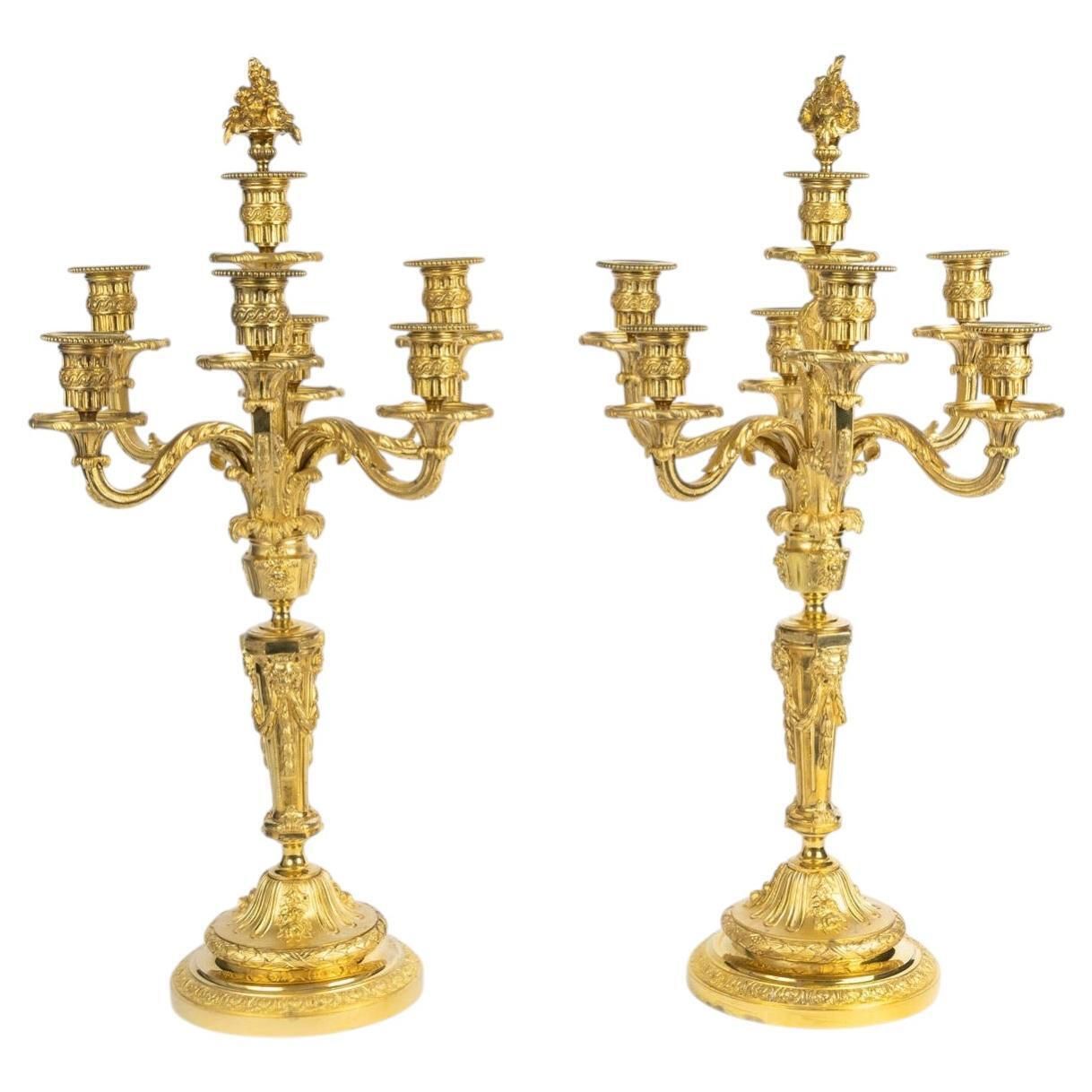 Pair Of 7 Branch Candelabra In Gilded Bronze, 19th Century, Napoleon III Period.