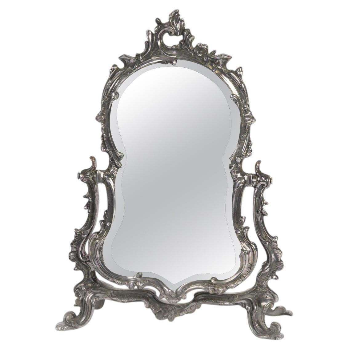 Rocaille Style Silver Plated Metal Table Mirror, Napoleon III Period.