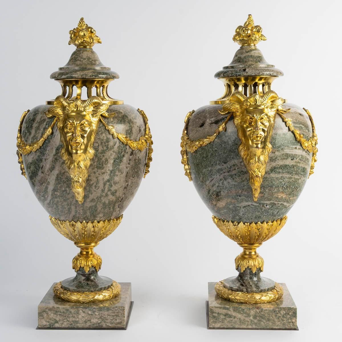 Pair Of Green Granite Cassolettes With Gilded Bronze, Louis XVI Style. photo for sale