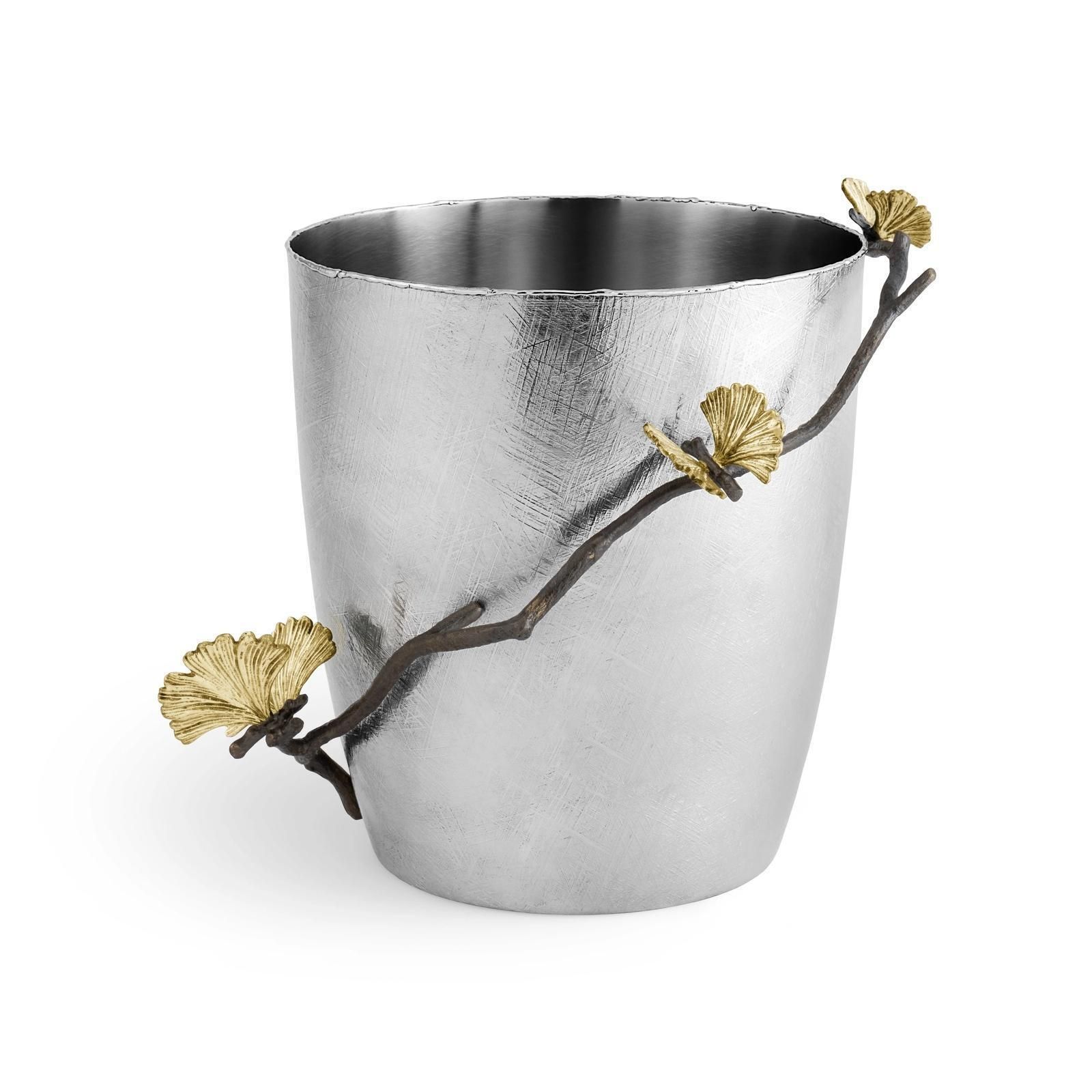 Pair Of Modern Silver Metal Ginkgo Ice Bucket, Decorative Barware photo furniture