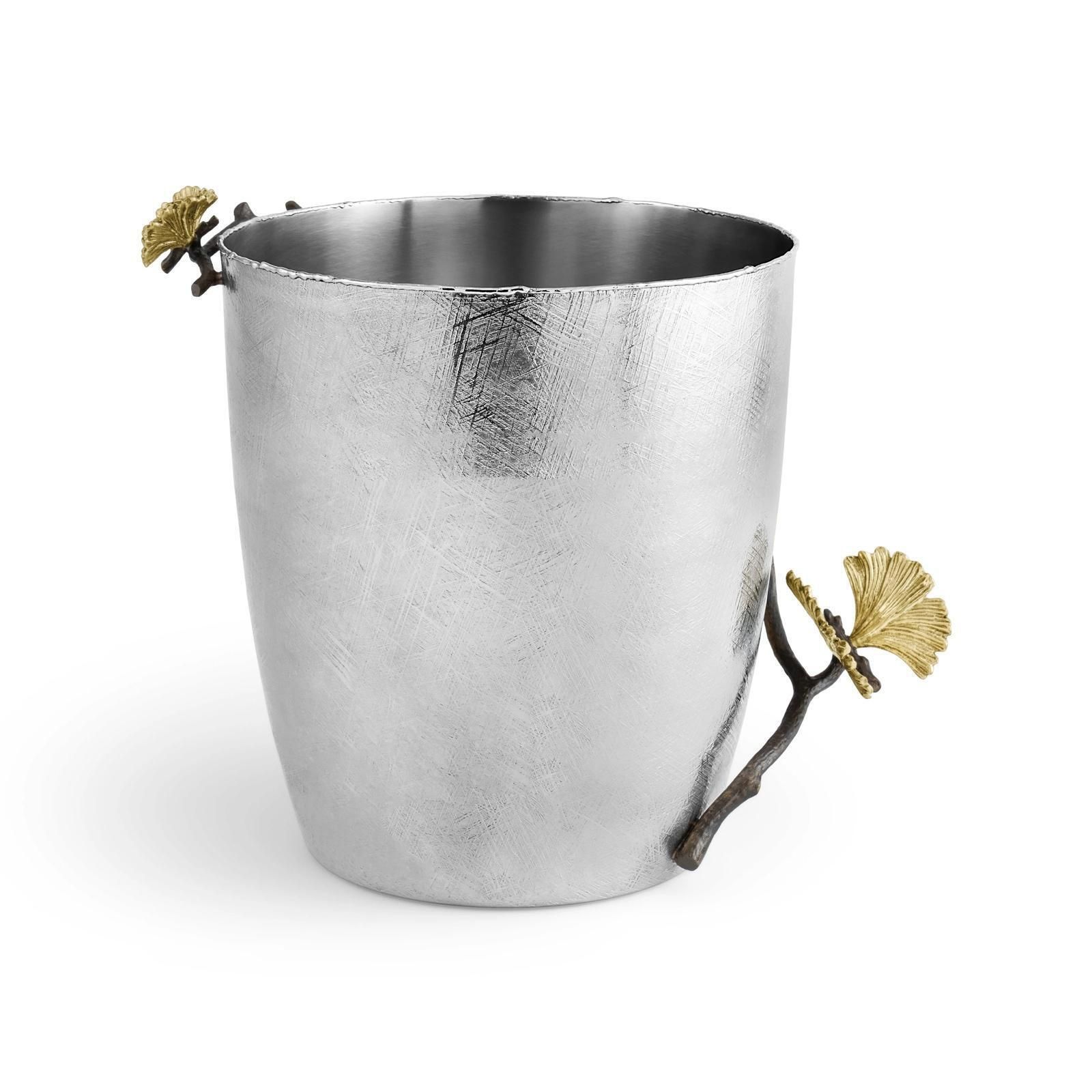 Pair Of Modern Silver Metal Ginkgo Ice Bucket, Decorative Barware photo vinterior