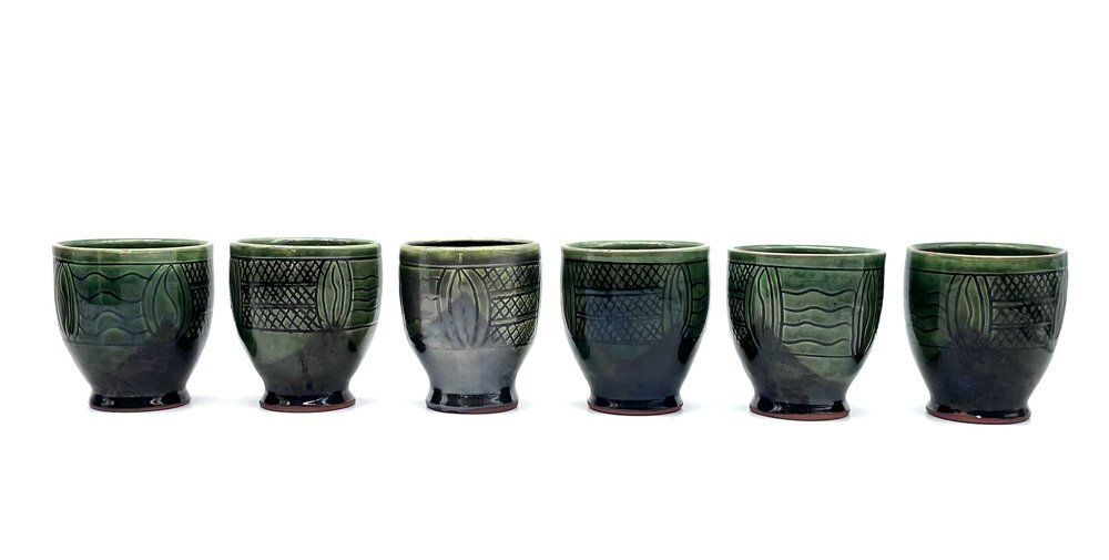 Mid Century Modern Ceramic Set Pitcher And Mugs With Sgraffito Decoration, Italy, 1960s, Set Of 7 photo 363.0