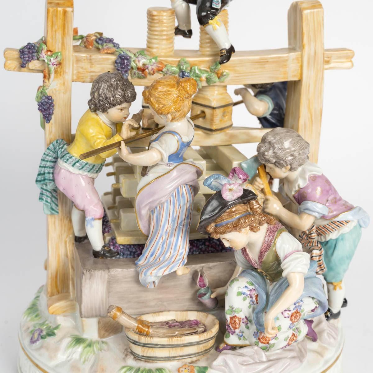Large Meissen Porcelain Figurine Set, “The Wine Press” Early 20th Century. photo for sale