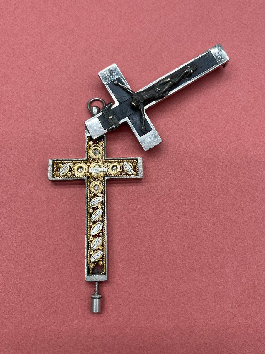 Renaissance Revival Reliquary Cross, Ebony With Intricate Paperole Monastic Filigree Work And Agnus Dei, Ca. 1870