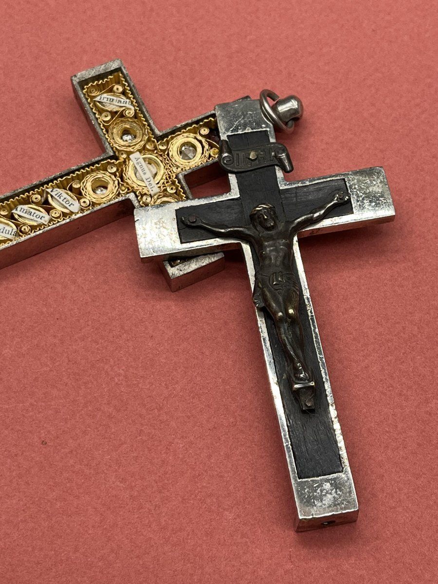 Renaissance Revival Reliquary Cross, Ebony With Intricate Paperole Monastic Filigree Work And Agnus Dei, Ca. 1870 photo furniture