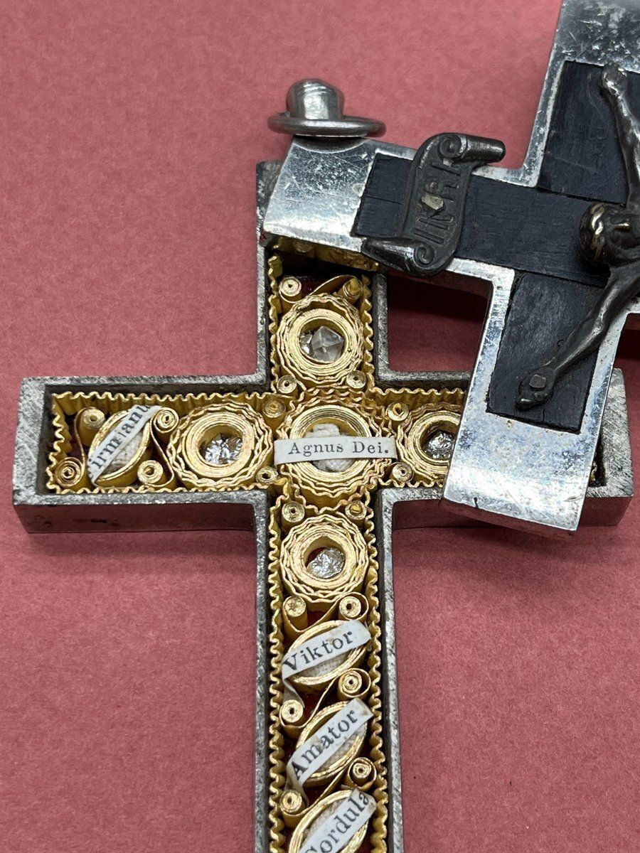 Renaissance Revival Reliquary Cross, Ebony With Intricate Paperole Monastic Filigree Work And Agnus Dei, Ca. 1870 photo vintage