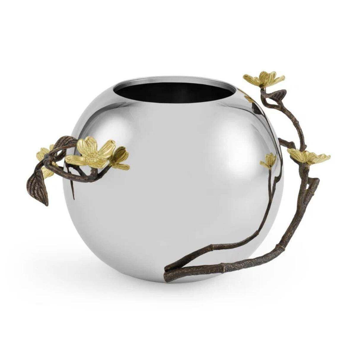 Set Of 3 Contemporary Silver Metal Dogwood Vase With Gold Detail photo for sale