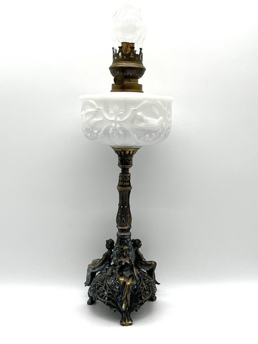 French Art Nouveau Kerosene Lamp In Cast Brass And Opal Glass, 1890s photo furniture