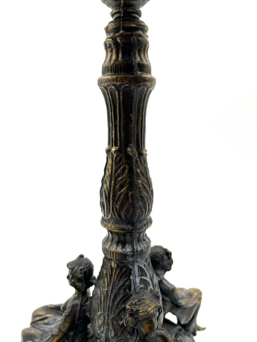 photo furniture French Art Nouveau Kerosene Lamp In Cast Brass And Opal Glass, 1890s