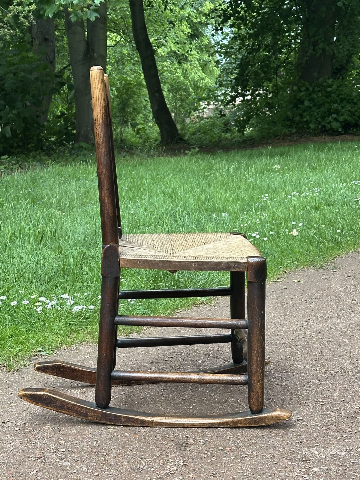 A Small George III Lancashire/Cheshire Stained Ash And Woven Rush Rocking Chair photo for sale