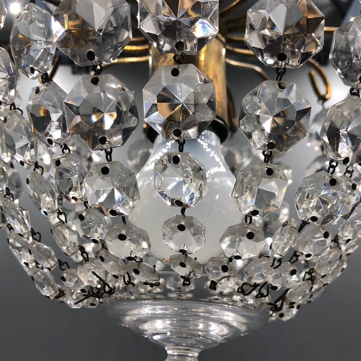 457.0 Hollywood Regency Art Deco Basket Chandelier In Brass & Crystal Ceiling Lamp photo