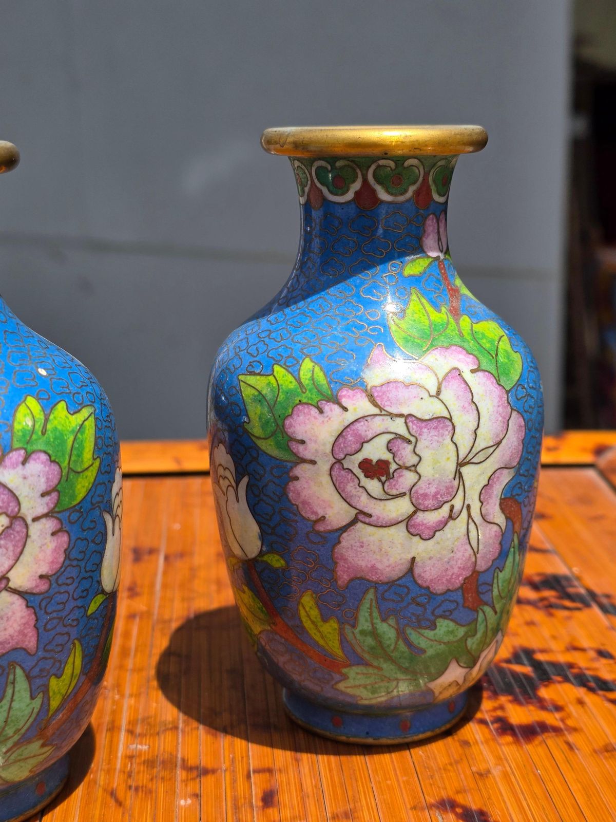 Pair Of Small China Vases In Cloisonné Enamel Colored 1950s photo for sale