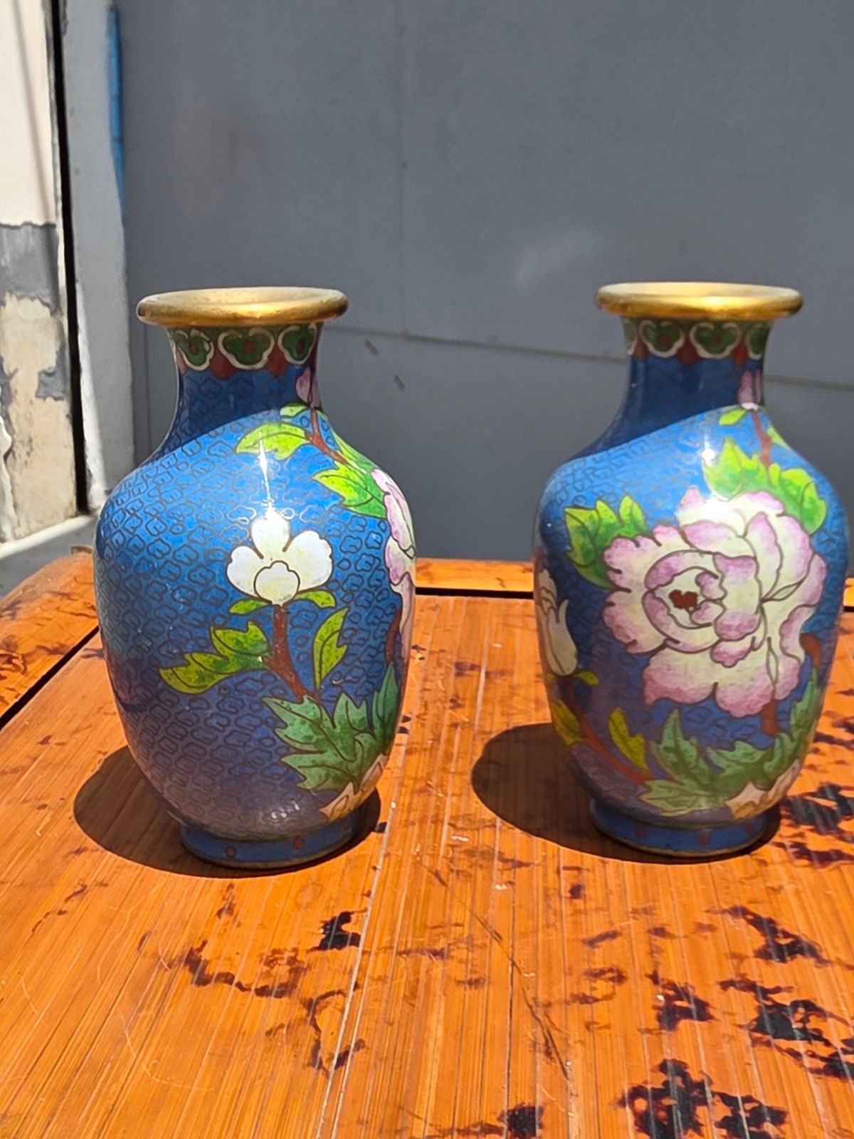 Pair Of Small China Vases In Cloisonné Enamel Colored 1950s photo vinterior