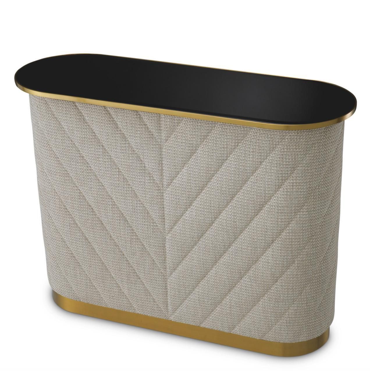 Oval Bar Brushed Brass Black Beveled Glass Forrester Off White Fabric photo Furniture