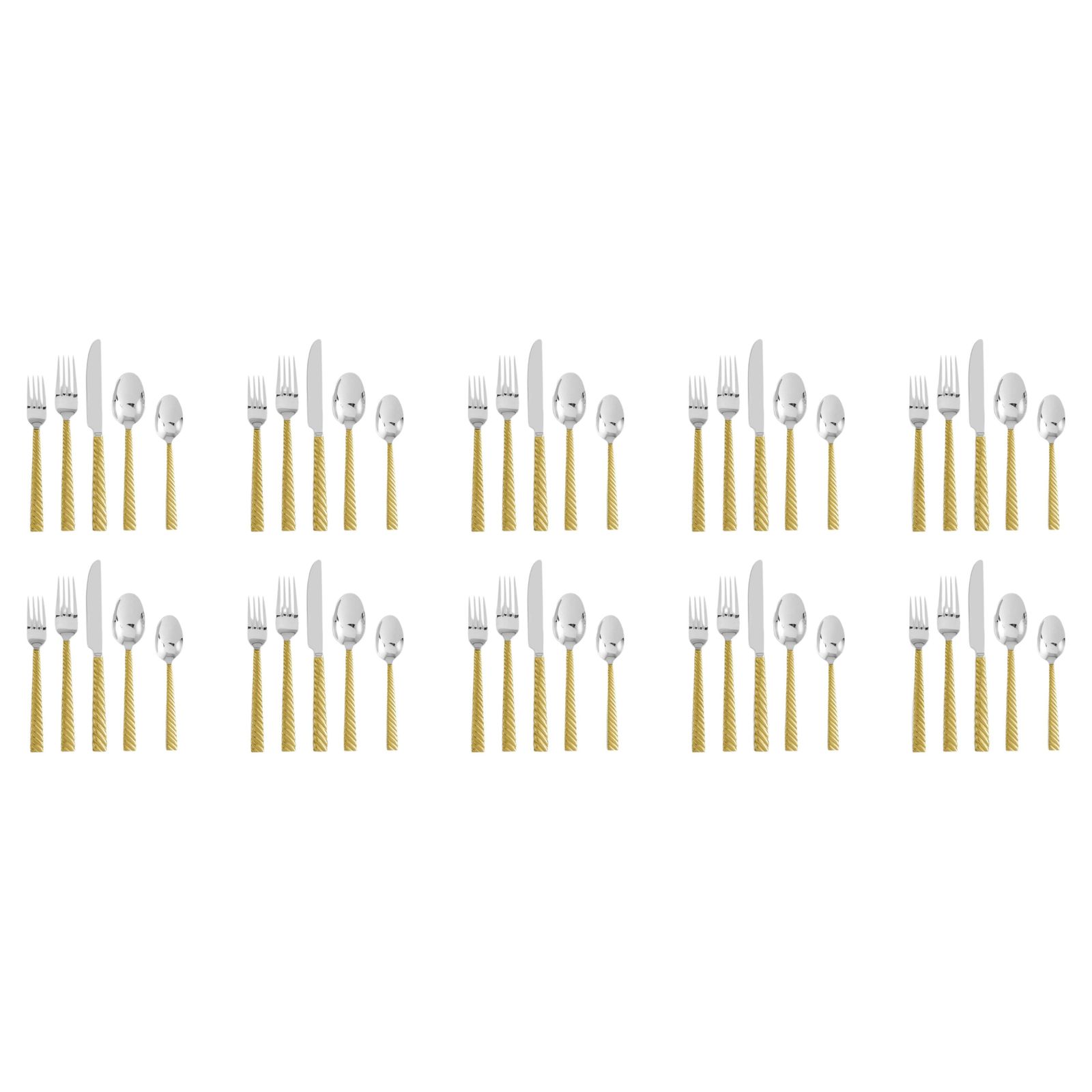 Ten Set Of 5 Piece Contemporary Gold Stainless Steel Twist Handle Flatware