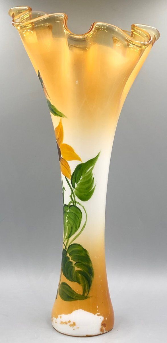 Large Antique Art Nouveau Glass Vase Hand Painted With Sunflowers photo Home Decor