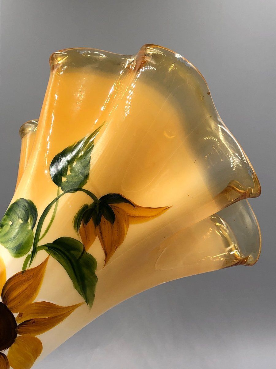 Large Antique Art Nouveau Glass Vase Hand Painted With Sunflowers photo vintage