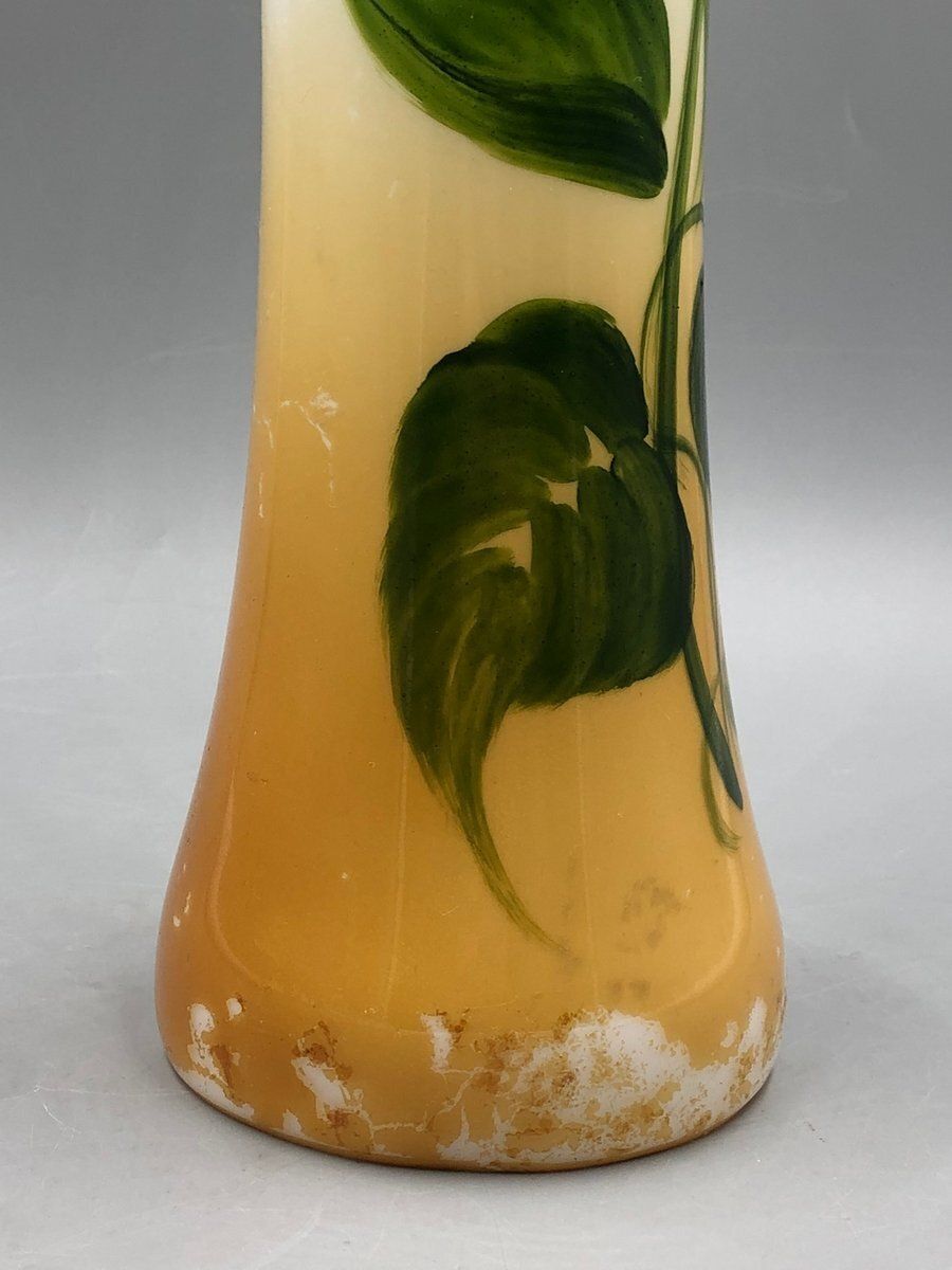 1338.0 Large Antique Art Nouveau Glass Vase Hand Painted With Sunflowers photo