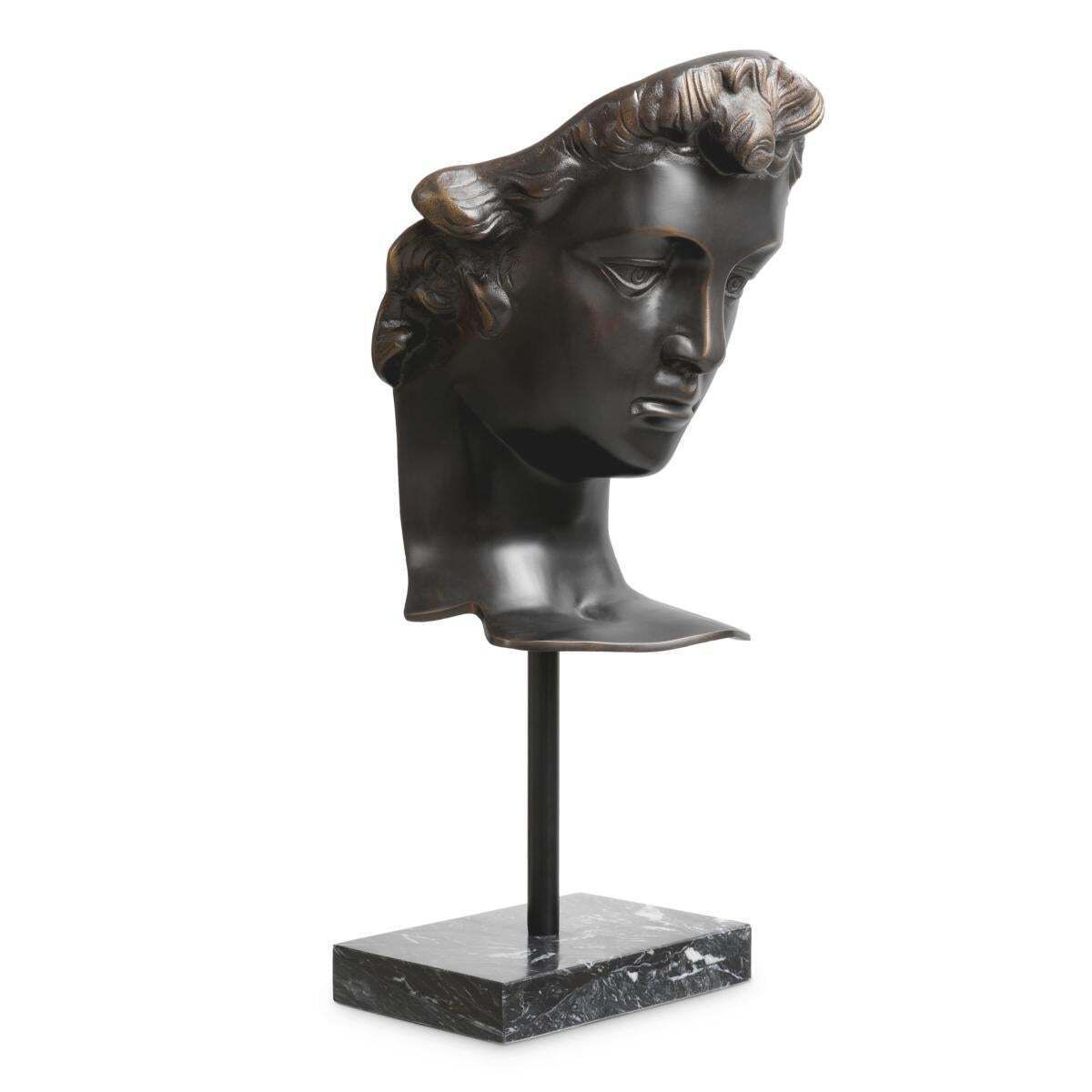 Head David Sculpture In Antique Bronze Finish On Black Marble Base photo for sale