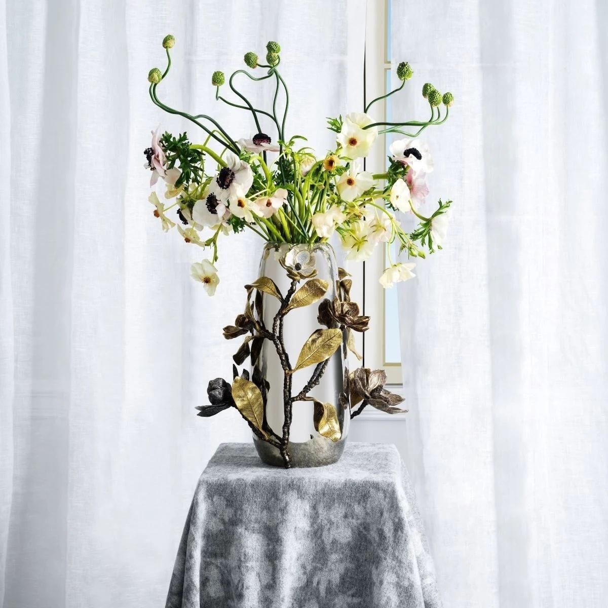 Pair Of Floral Silver & Gold Metal Centerpiece Vase photo furniture