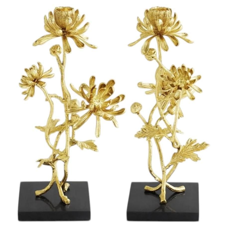 Pair Of Contemporary Gold Metal Dahlia Candleholders