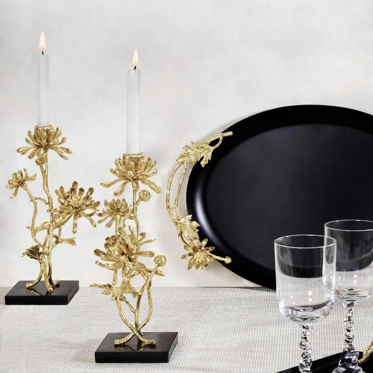 Pair Of Contemporary Gold Metal Dahlia Candleholders photo for sale