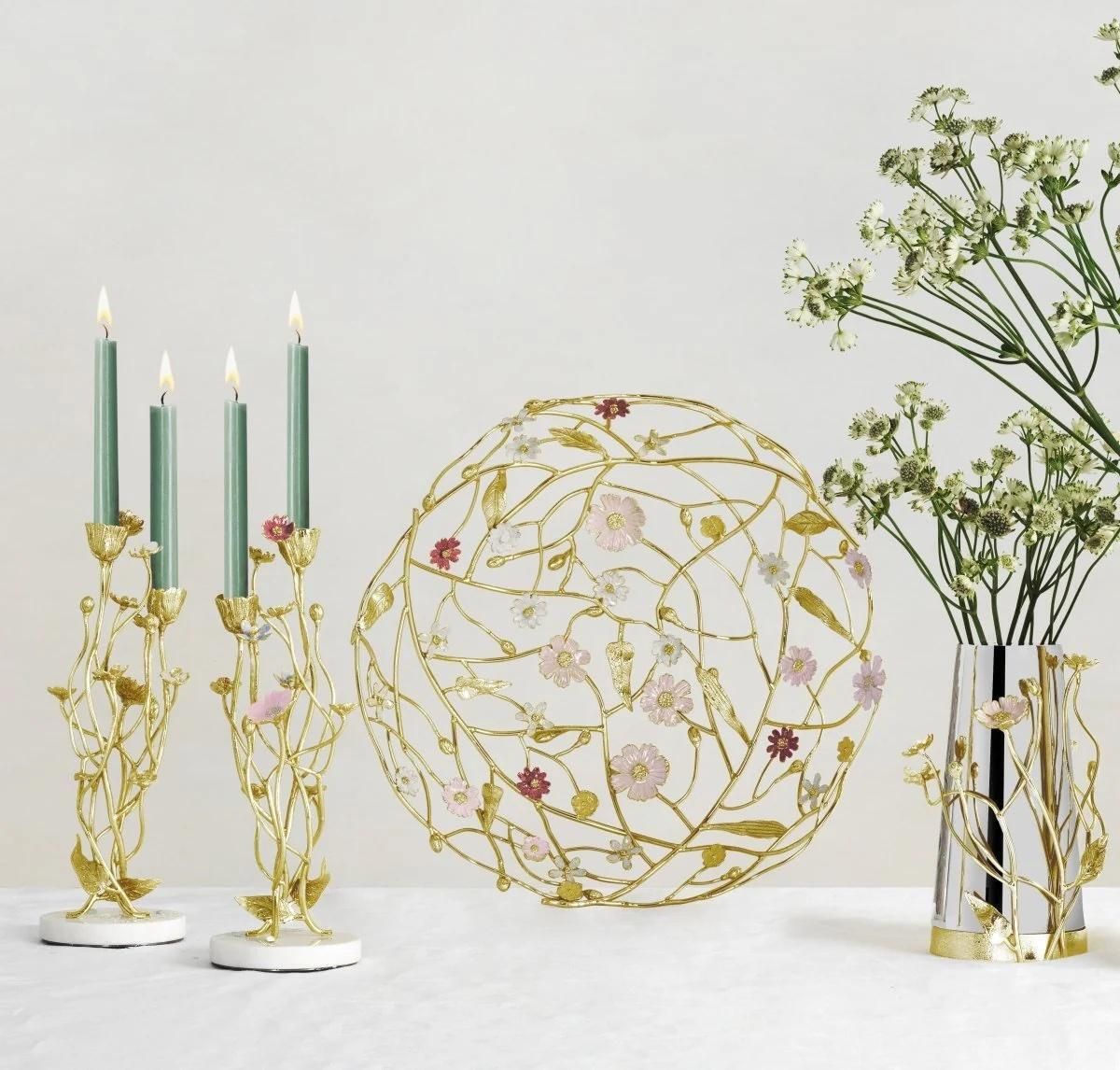 Pair Of Contemporary Gold Tone Metal Wildflower Candleholders Set photo furniture