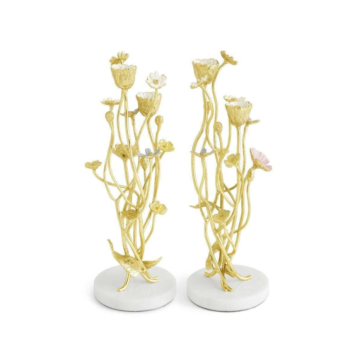 Pair Of Contemporary Gold Tone Metal Wildflower Candleholders Set photo 1201.0