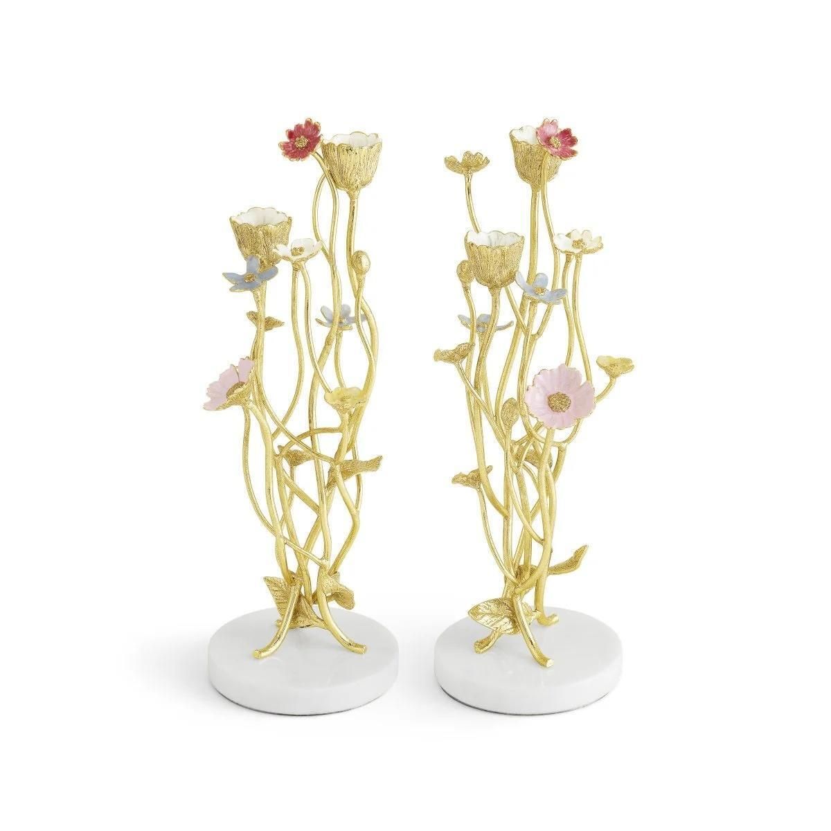 Pair Of Contemporary Gold Tone Metal Wildflower Candleholders Set photo vinterior