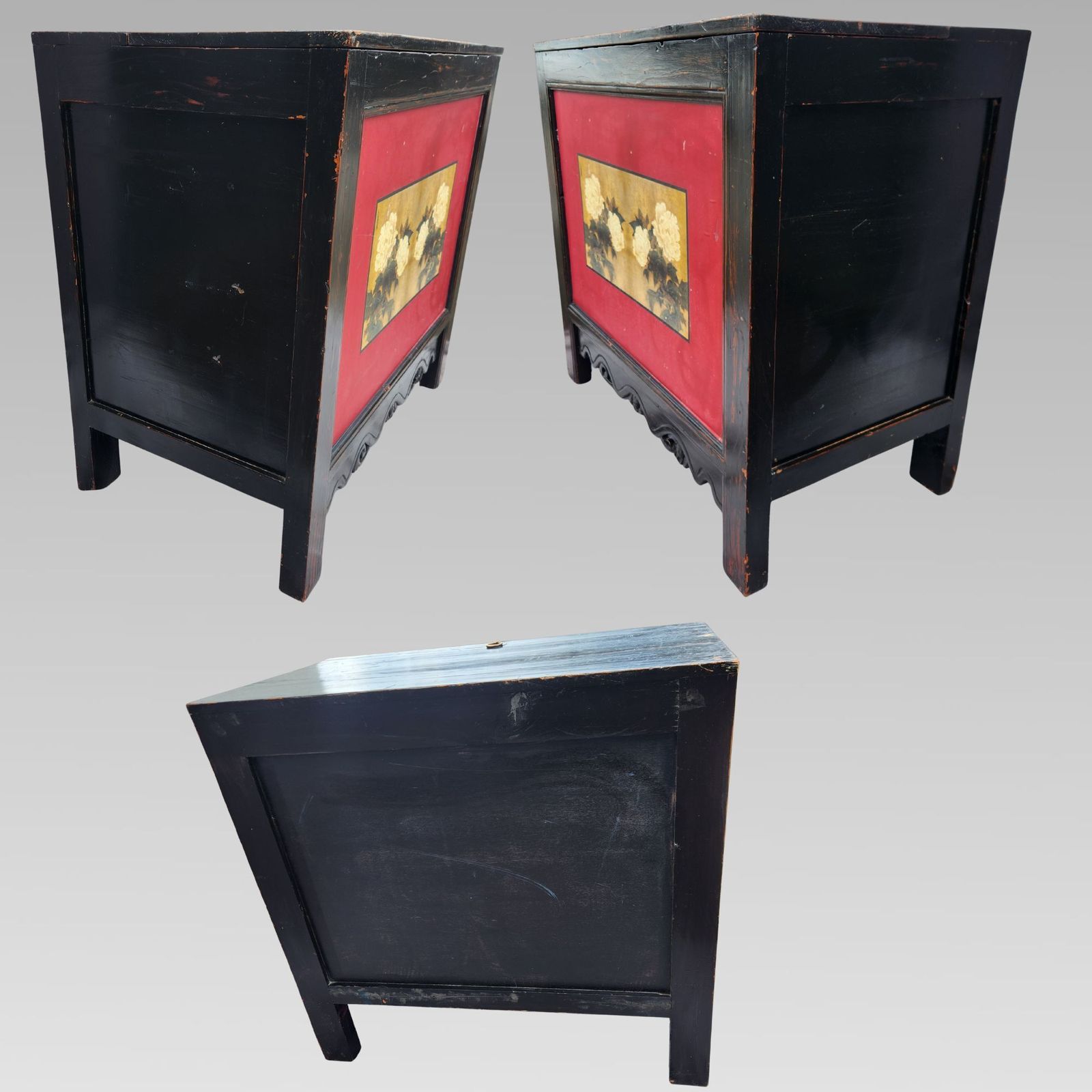 Charming Old Chinese Oriental Black Lacquer & Floral Chinoiserie Storage Chest photo vinterior