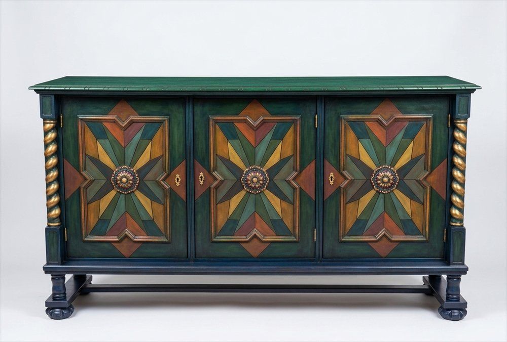 Artisan Hand Painted Credenza With Geometric Star Inlay And Gilded Details