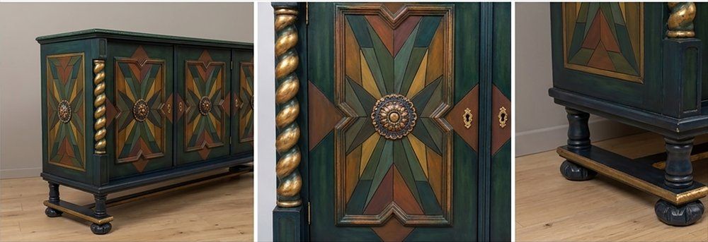 Ambachtelijk handgeschilderd dressoir met geometrische sterinleg en vergulde details photo for sale