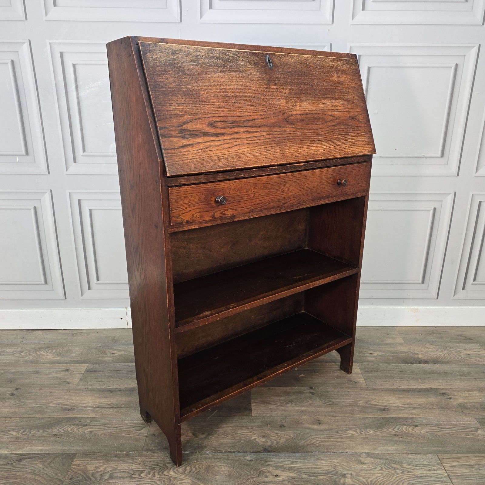 Antique Oak Bureau Bookcase Narrow Fall Front Students Writing Desk Solid Wood photo furniture