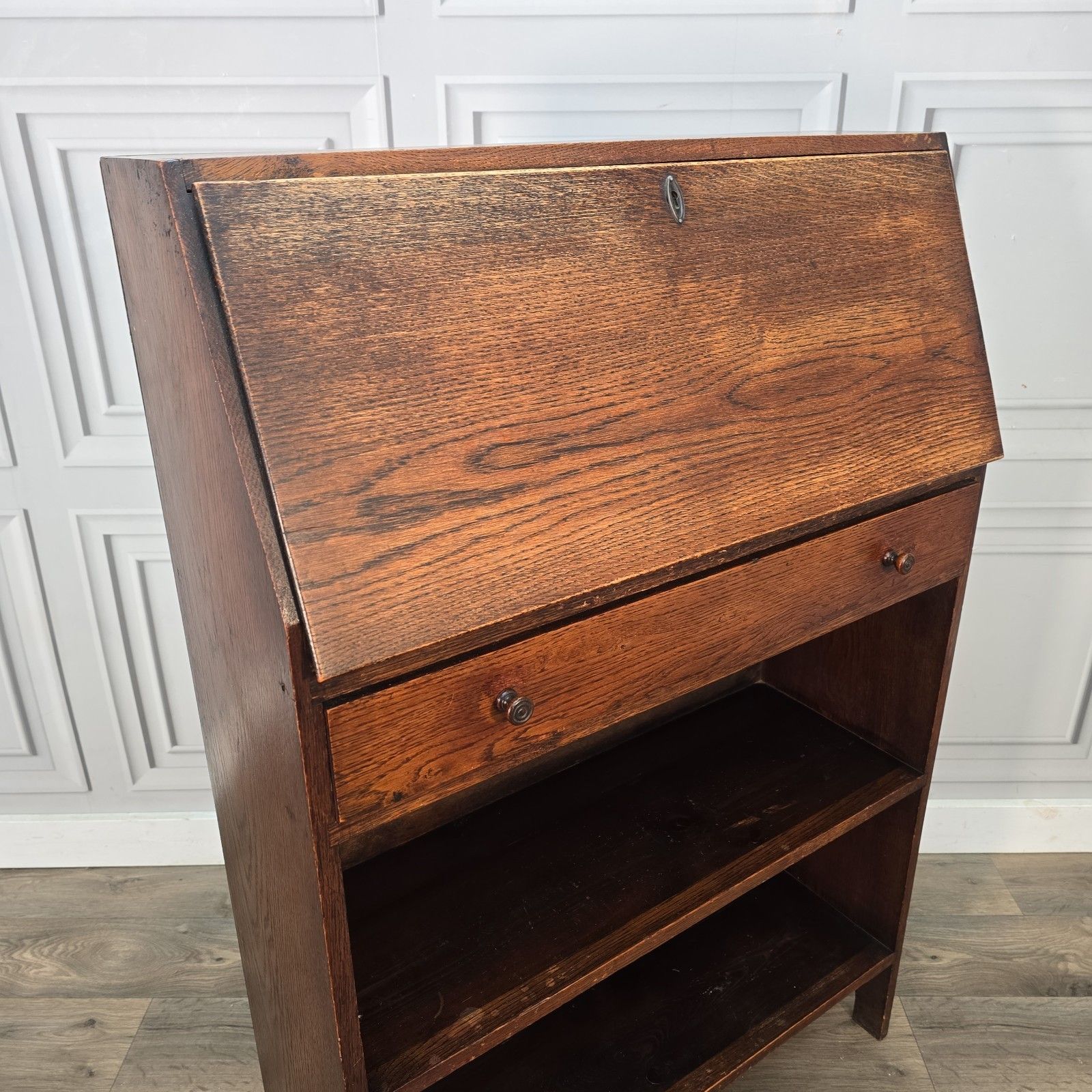 Antique Oak Bureau Bookcase Narrow Fall Front Students Writing Desk Solid Wood photo for sale